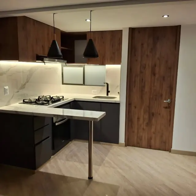 Cocina moderna con puerta en madera